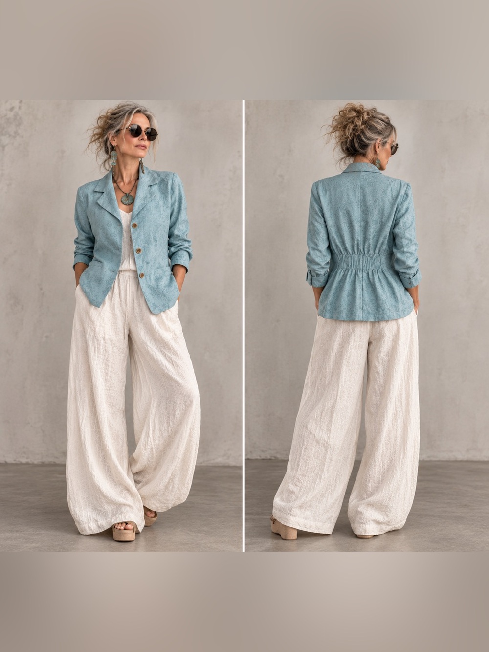 Coldwater Creek 1X Linen Jacquard Floral Peplum Jacket Dusty Blue Long Sleeve